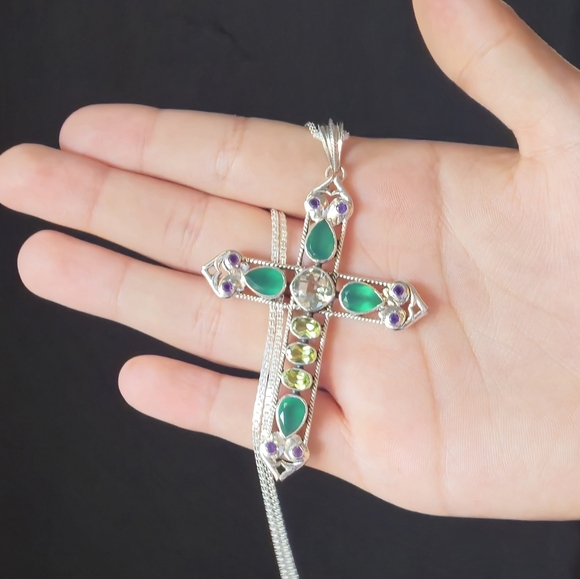 Nicky Butler 925 Sterling Silver Chalcedony Prasiolite Cross Pendant Necklace NB